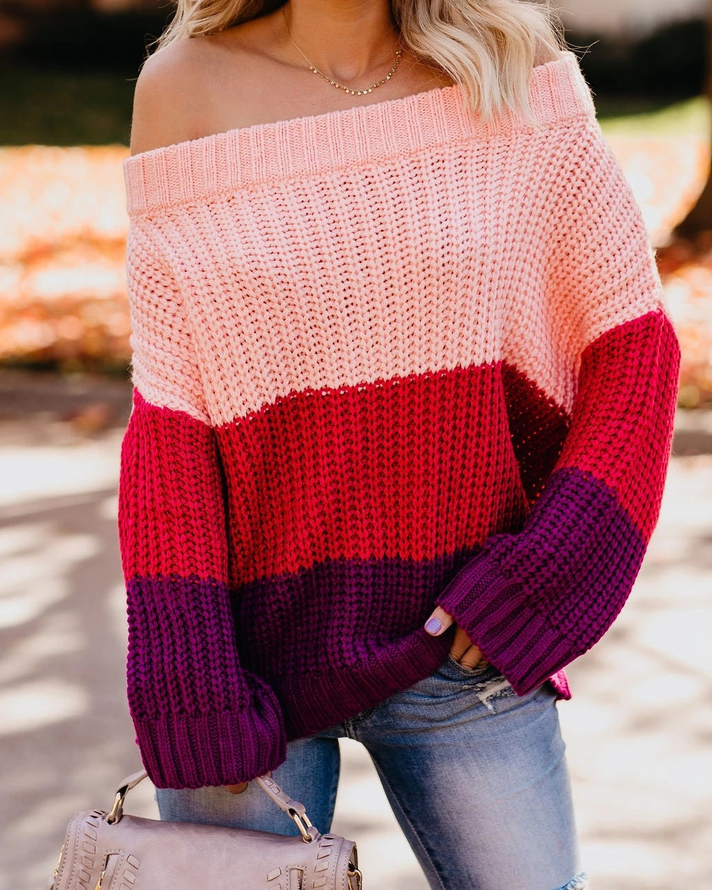 Dame Off Shoulder Casual Langermet Genser