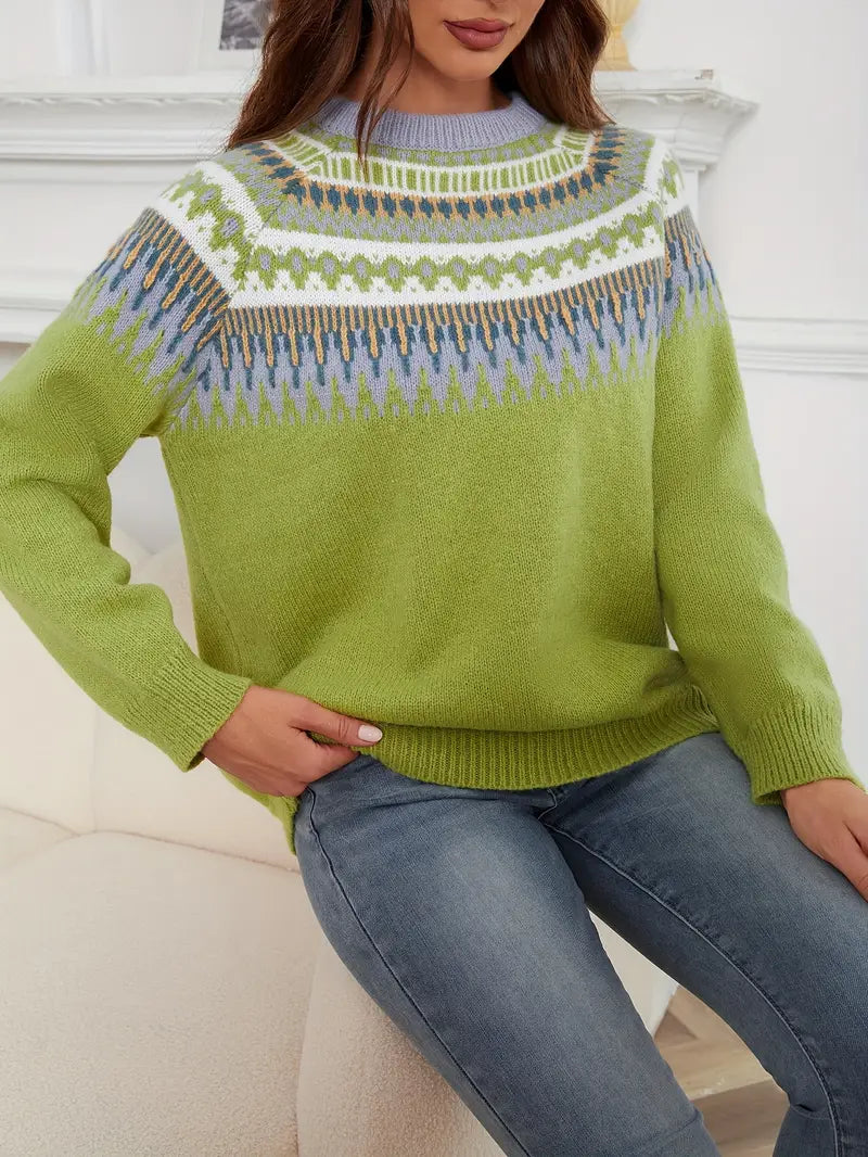 Bold Geo Pattern Sweater med Retro Stil