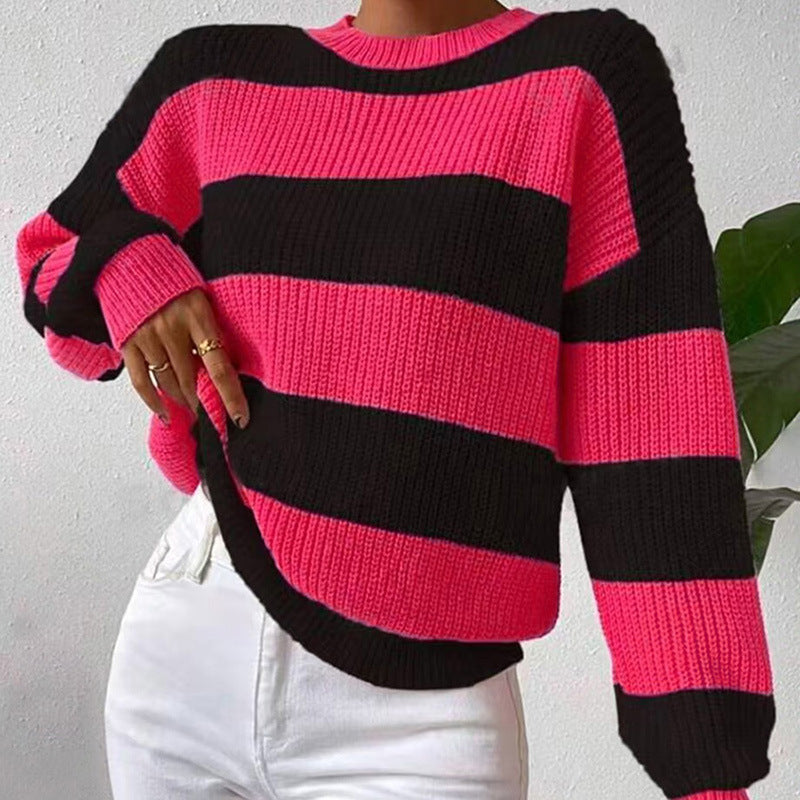 Kvinnens Stripete Langermet Crew Neck Genser
