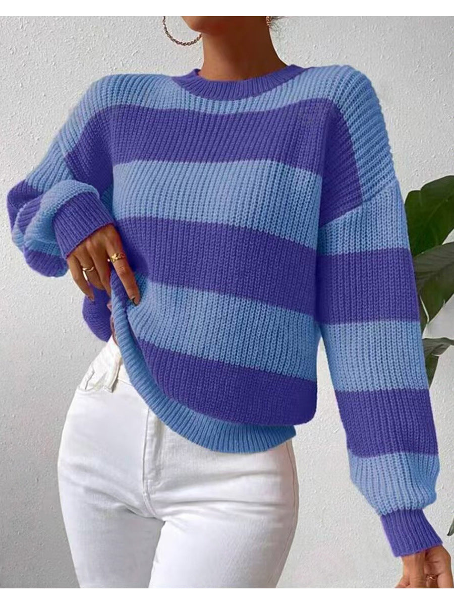 Kvinnens Stripete Langermet Crew Neck Genser