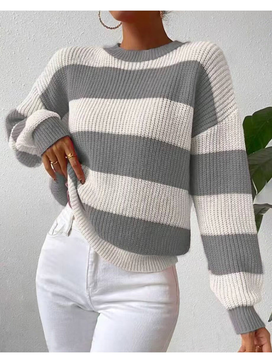 Kvinnens Stripete Langermet Crew Neck Genser