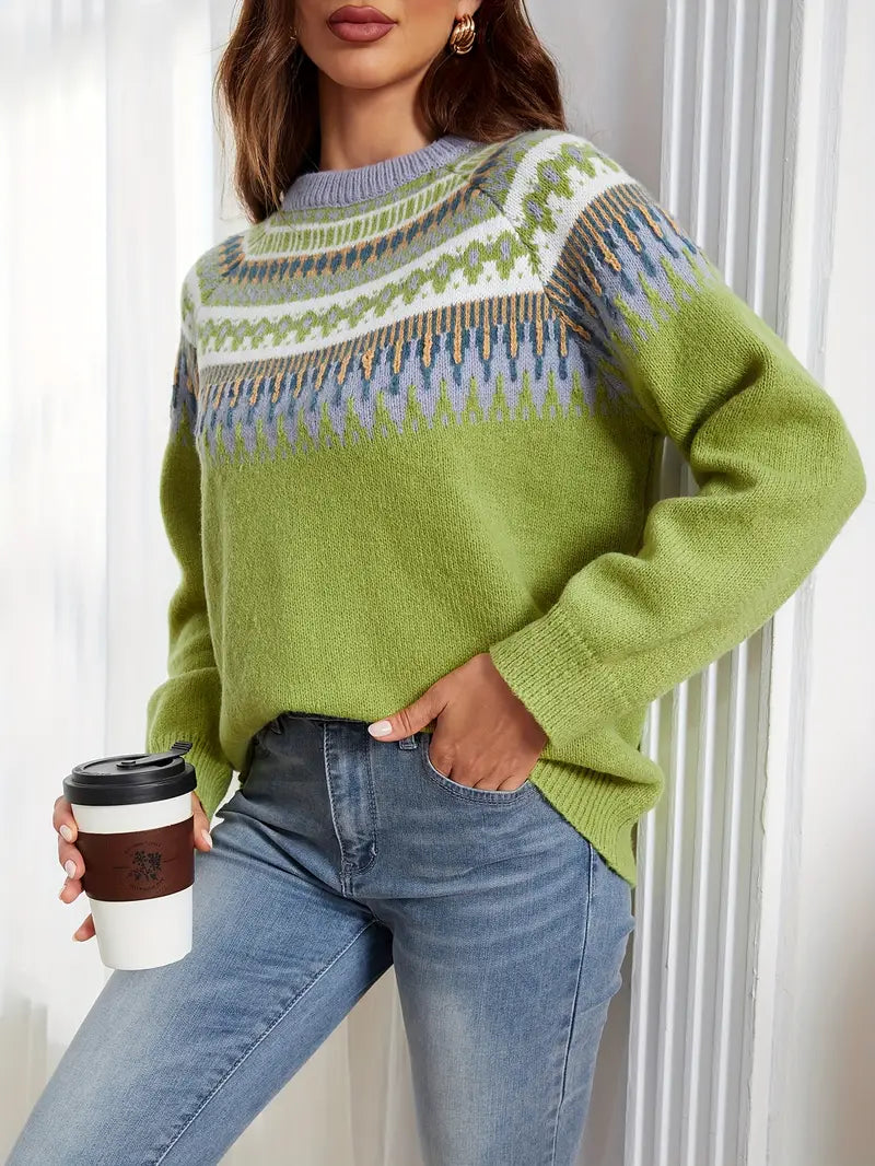 Bold Geo Pattern Sweater med Retro Stil