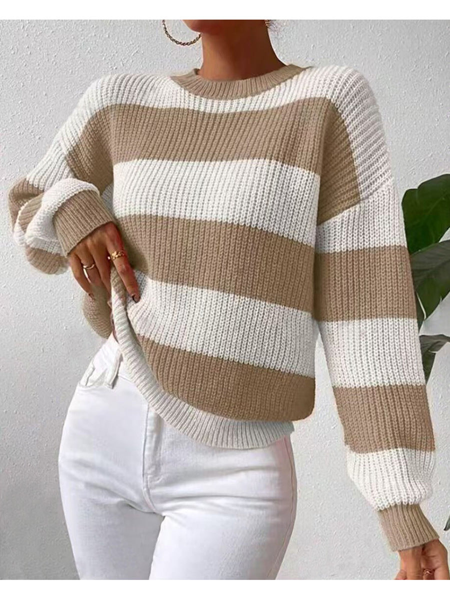 Kvinnens Stripete Langermet Crew Neck Genser